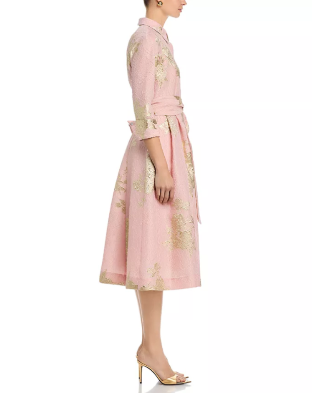 Teri Jon by Rickie Freeman Metallic Floral Jacquard Shirt Dress MSRP $680