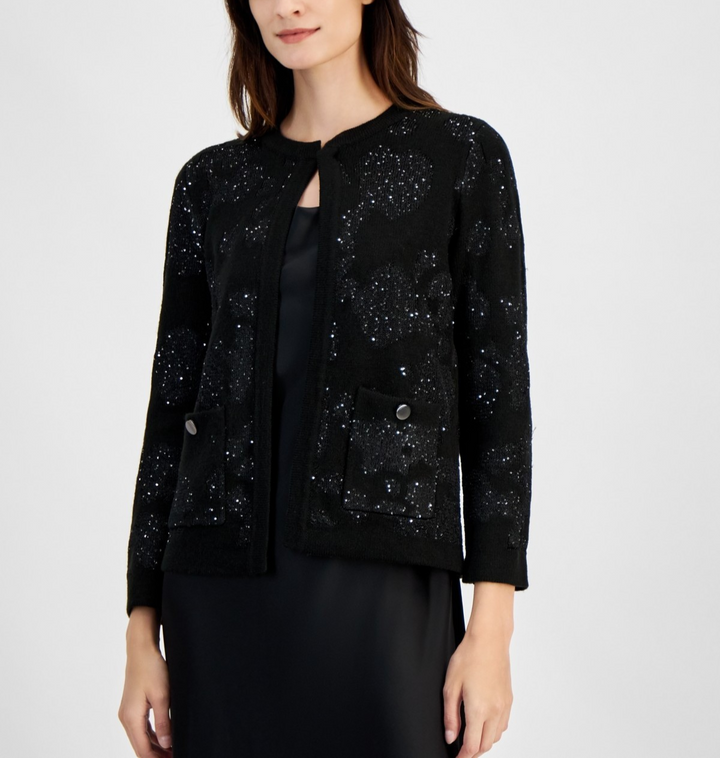 Anne Klein Open-Front Patch-Pocket Sequin Cardigan $129