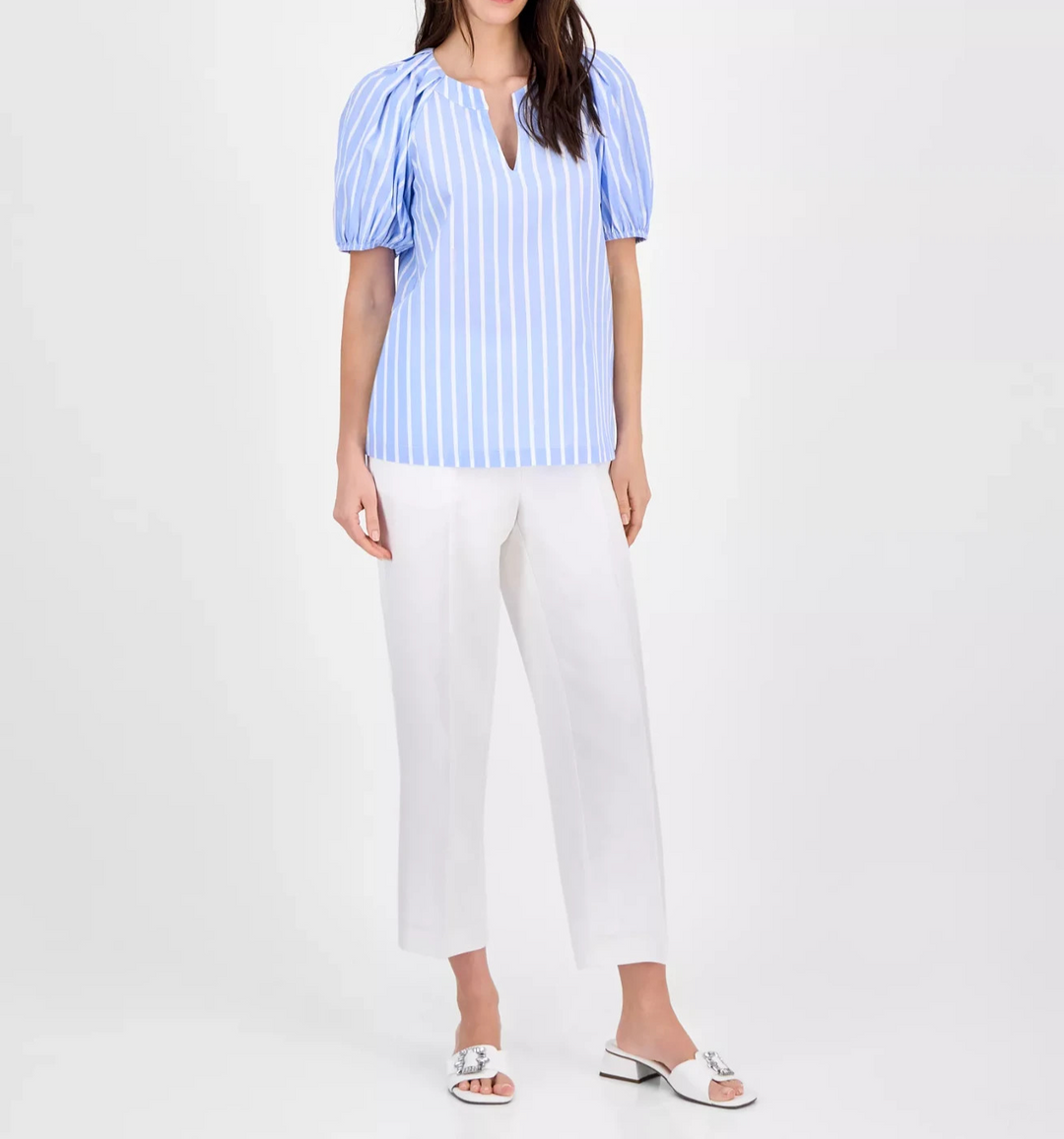 Anne Klein Women's Cotton Poplin Striped Puff-Sleeve Blouse MSRP $79