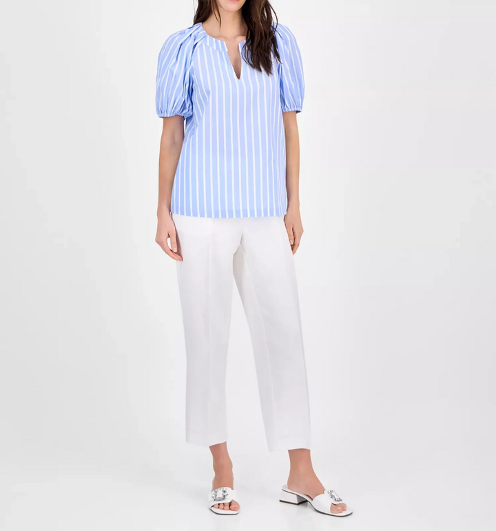 Anne Klein Women's Cotton Poplin Striped Puff-Sleeve Blouse MSRP $79