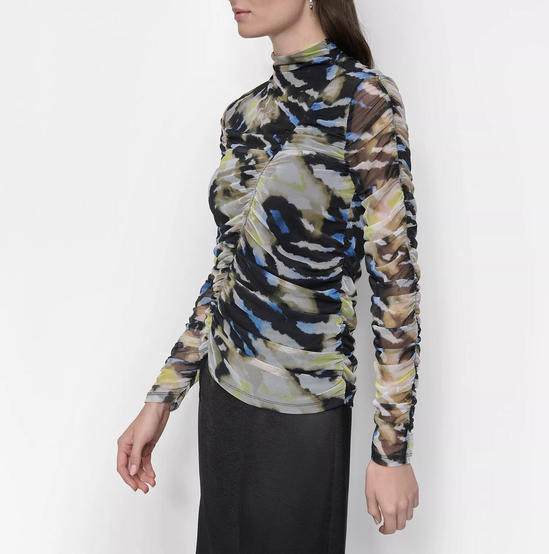 DKNY Women's Printed Mock-Neck Long-Sleeve Ruched Mesh Top MSRP $99