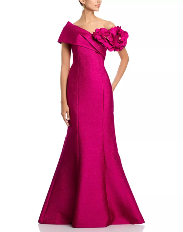 Teri Jon by Rickie Freeman Pebble Jacquard 3D Flower Gown MSRP $1110