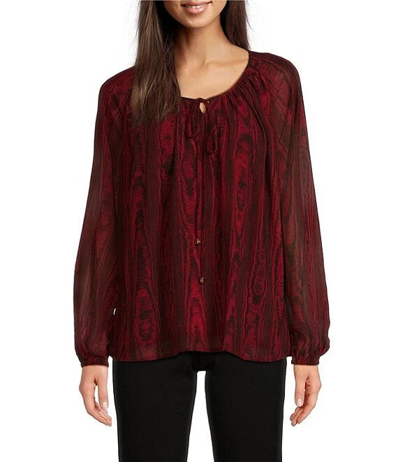 Michael Kors Moire Tie Crew Neck Long Sleeve Top MSRP $125 Size L