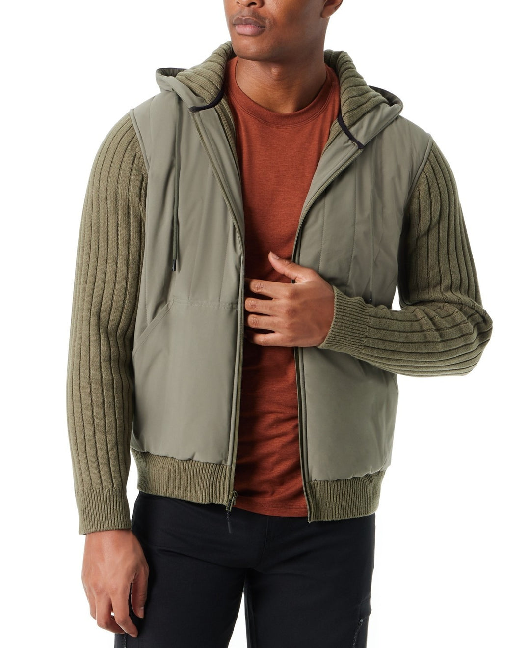 BASS OUTDOOR Mixed Media Zip-Front Hooded Sweater Jacket MSRP $119