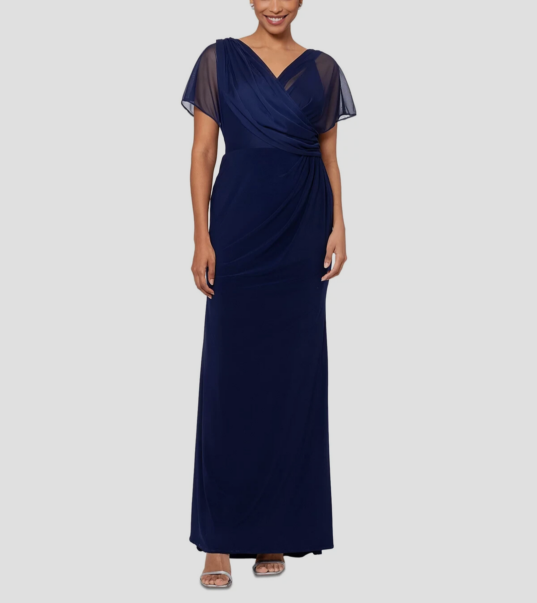 B&A By Betsy & Adam Draped-Mesh V-Neck Evening Dress MSRP $149