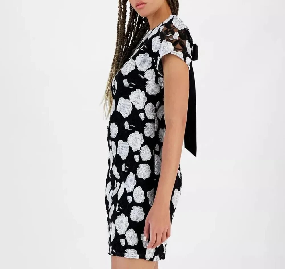 Sam Edelman Black Rose Embroidered Cap Sleeve Mini Dress MSRP $158