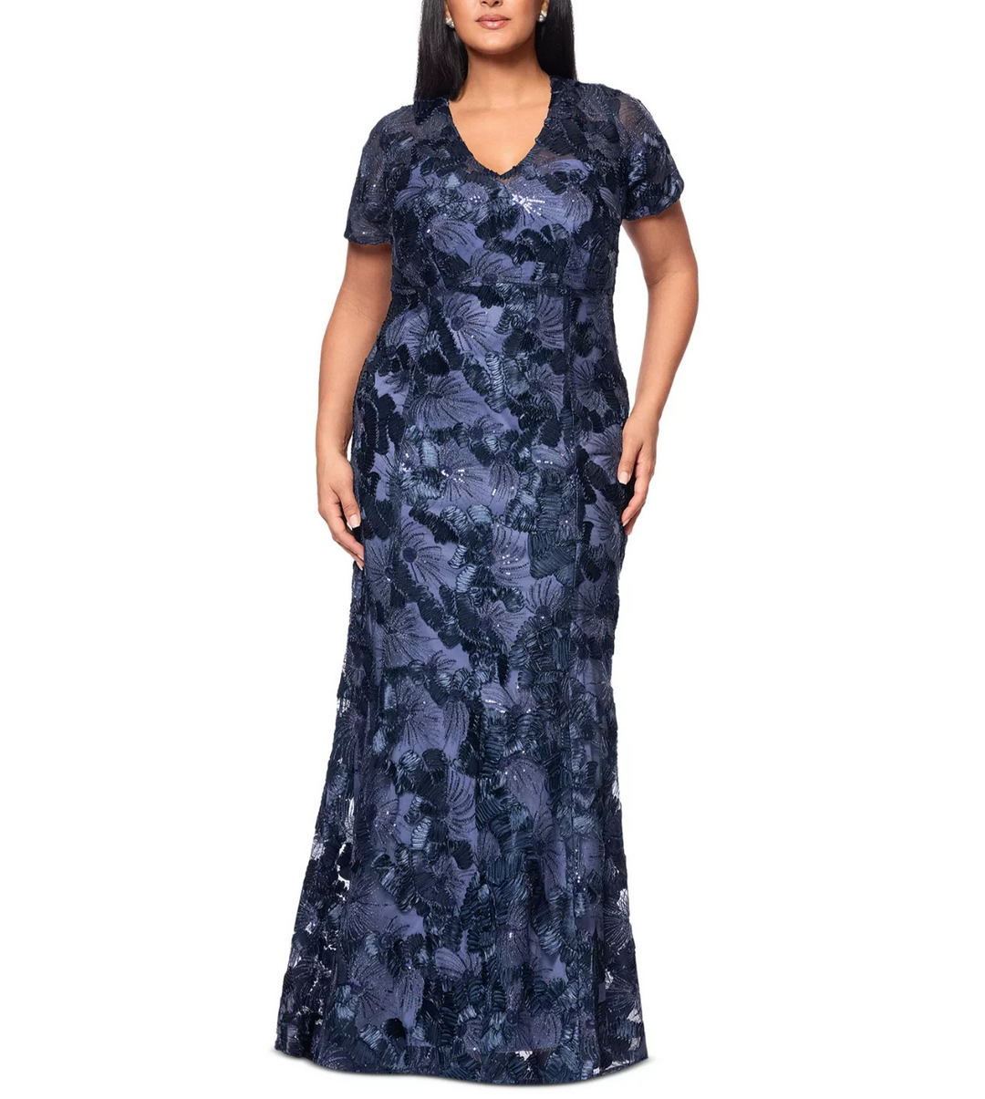 Betsy & Adam Floral Sequin V-Neck Sheath Gown MSRP $329
