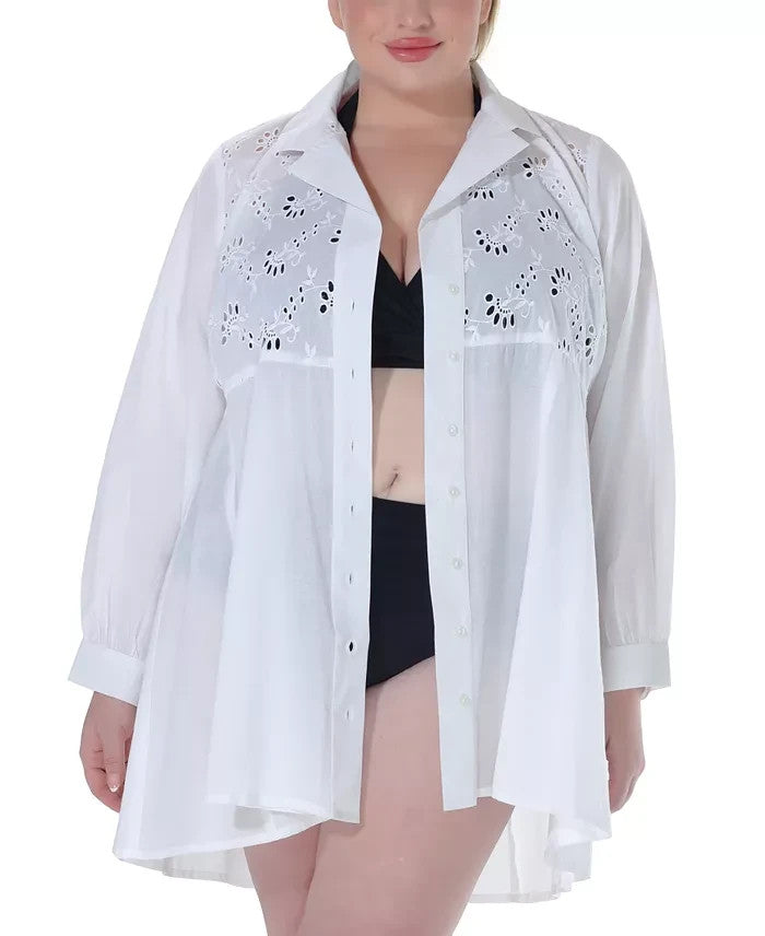 Raviya Plus Size Cotton Eyelet Button-Front Cover-Up Dress MSRP $58