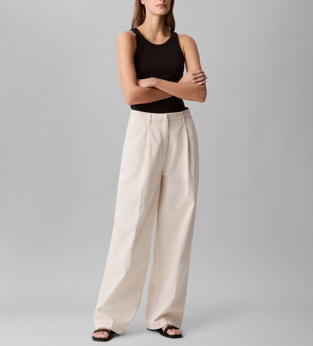 Calvin Klein Cotton-Linen Pleated Wide-Leg Pants MSRP $109