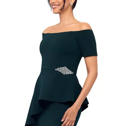 Betsy & Adam Off-The-Shoulder Embellished Draped Gown MSRP $269