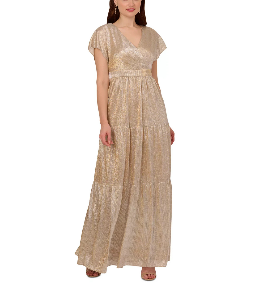 Adrianna Papell Women's Metallic Flutter-Sleeve Gown MSRP $249