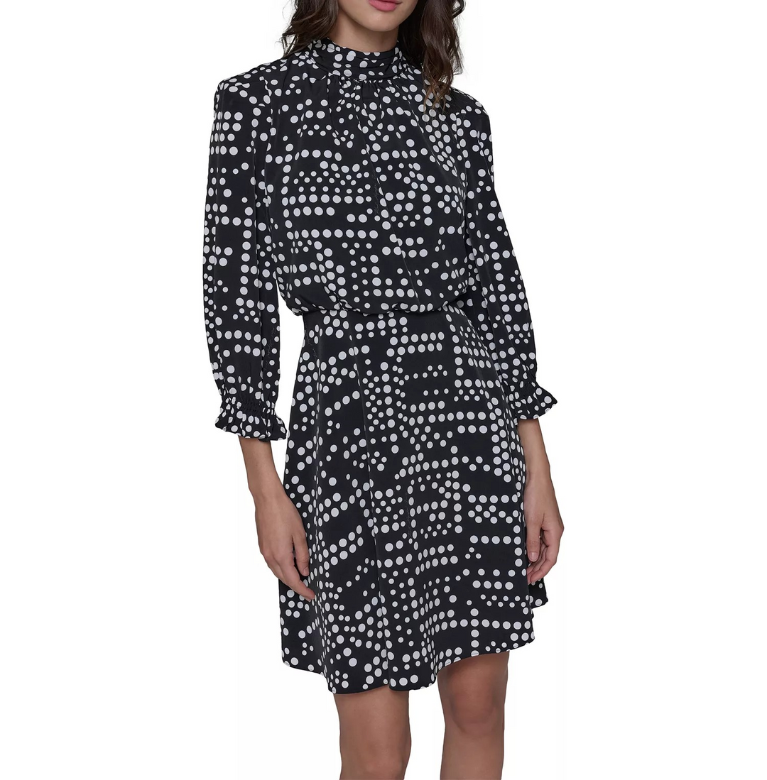 KARL LAGERFELD PARIS Women's Dot-Print Mock-Neck 3/4-Sleeve Dress MSRP $149