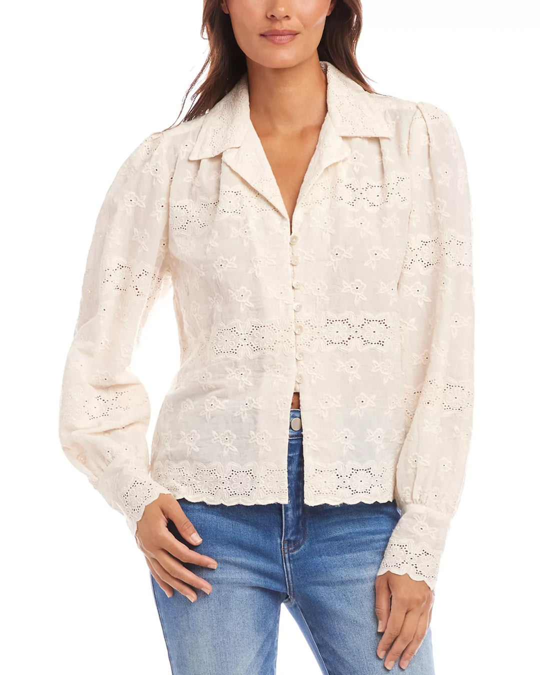 Karen Kane Embroidered Scalloped Blouse MSRP $138