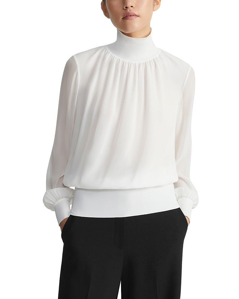 Lafayette 148 New York Knit Trim Turtleneck Blouse MSRP $698