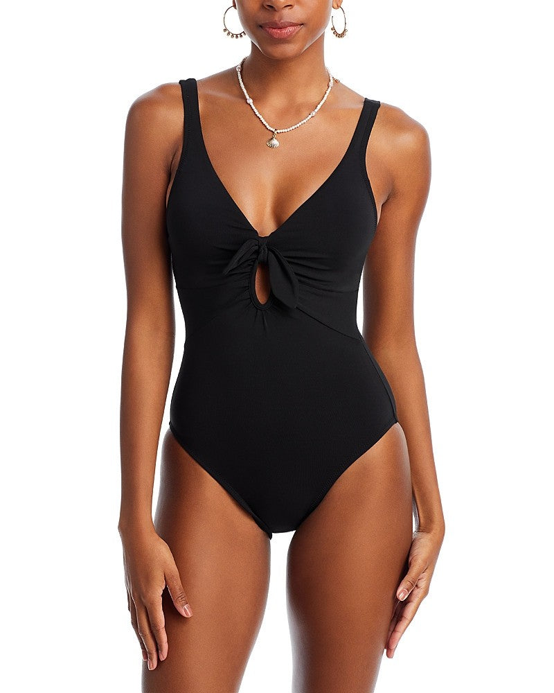Robin Piccone Ava Plunge Neck Tie-Front One Piece Swimsuit MSRP $178