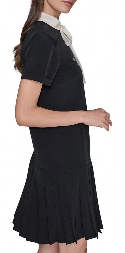 Karl Lagerfeld Paris Bow Neck Pleated Skirt Dress MSRP $148