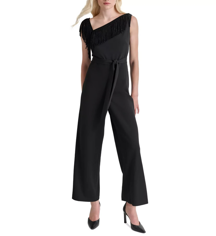 DKNY Women's Asymmetric-Neck Fringe-Trim Jumpsuit MSRP $149