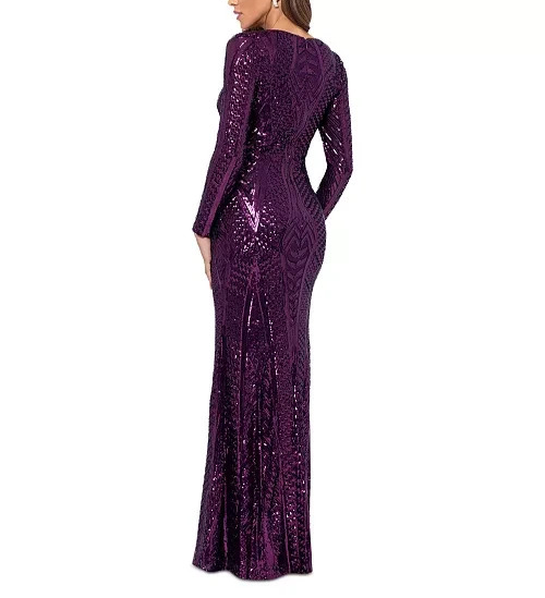 XSCAPE Long-Sleeve Sequined V-Neck Gown MSRP $289