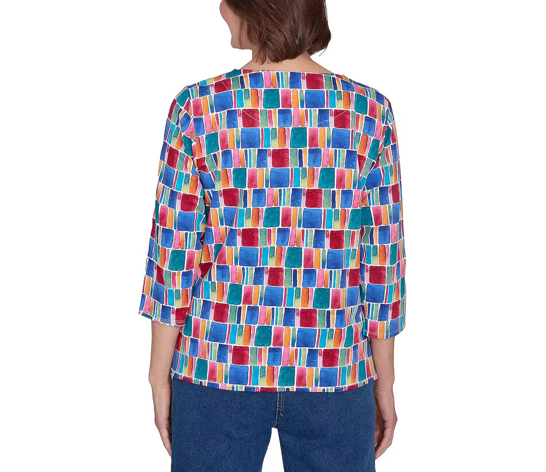 Alfred Dunner Box Print 3/4 Sleeve Top MSRP $49