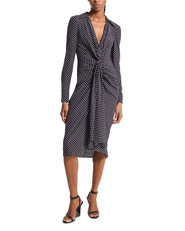 Michael Kors Collection Silk Polka Dot Gathered Midi Dress MSRP $2290