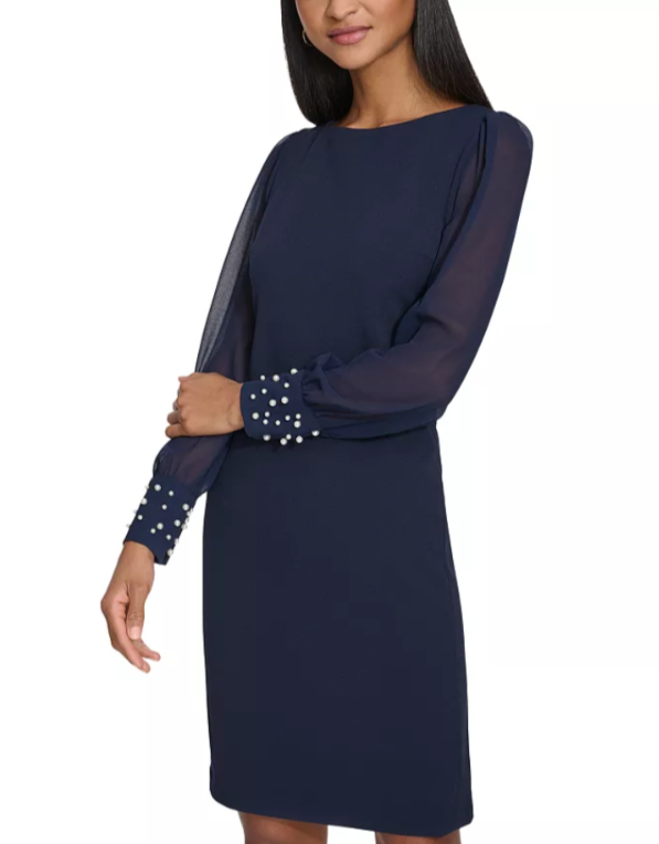 KARL LAGERFELD PARIS Scuba Crepe Chiffon Sleeve Sheath Dress MSRP $138
