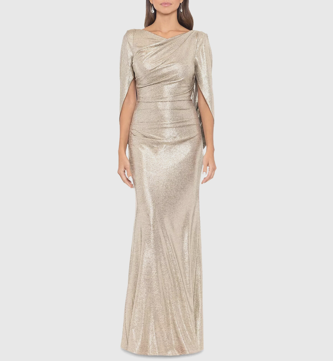 Betsy & Adam Metallic Cape-Sleeve Gown MSRP $269