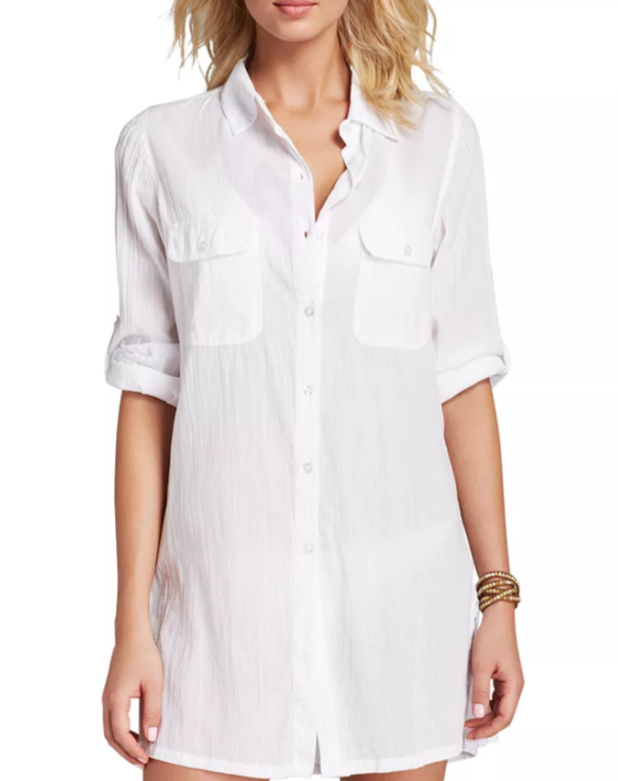 Lauren Ralph Lauren Crushed Cotton Camp Shirt Swim Cover-Up MSRP $145