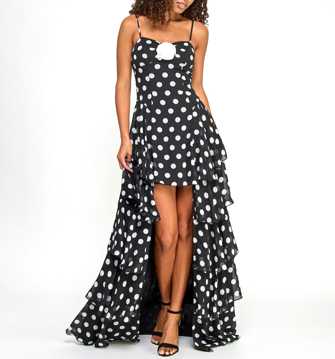 City Studios Juniors' Dot Print Ruffled High-Low Chiffon Gown MSRP $109