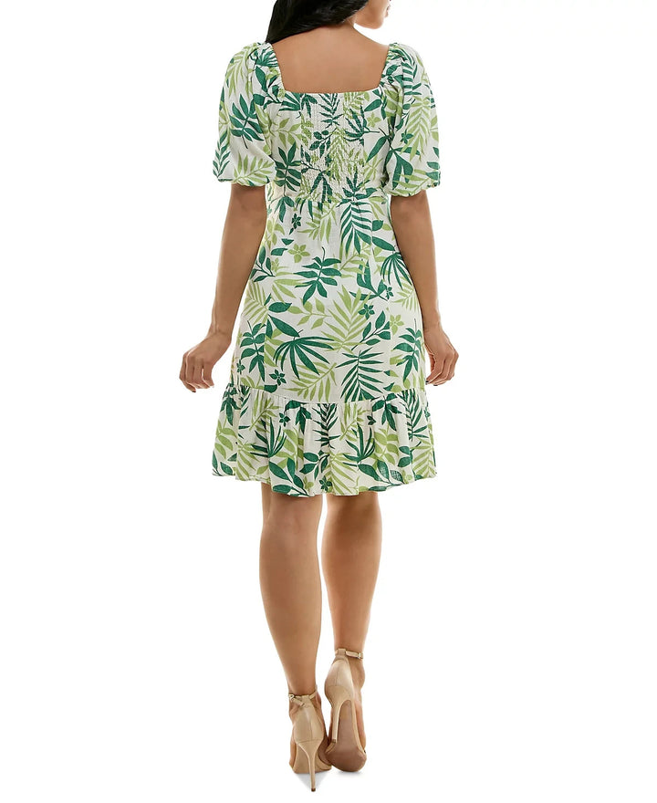 Dylan Ryan Juniors' Leaf-Print Puff-Sleeve Dress MSRP $49