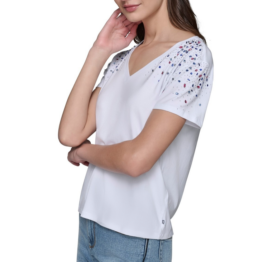 KARL LAGERFELD PARIS Women's Embellished V-Neck T-Shirt MSRP $79