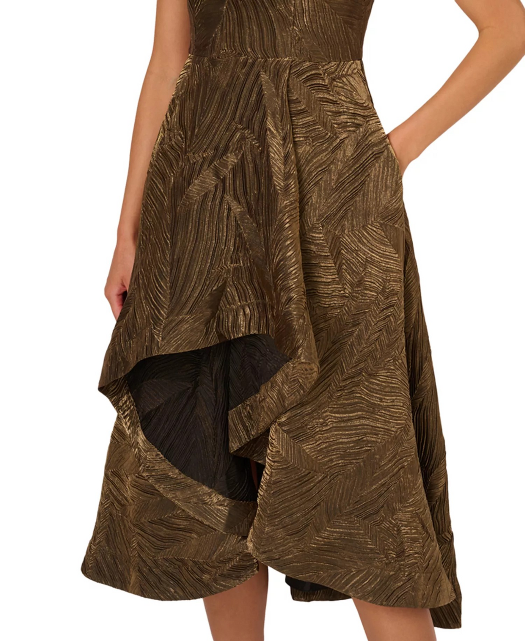 Adrianna Papell Women's Notch-Neck High-Low-Hem Metallic Gold Dress MSRP $249