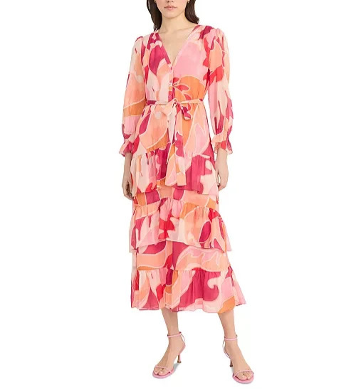Donna Morgan Printed Belted Tiered Shirtdress MSRP $148