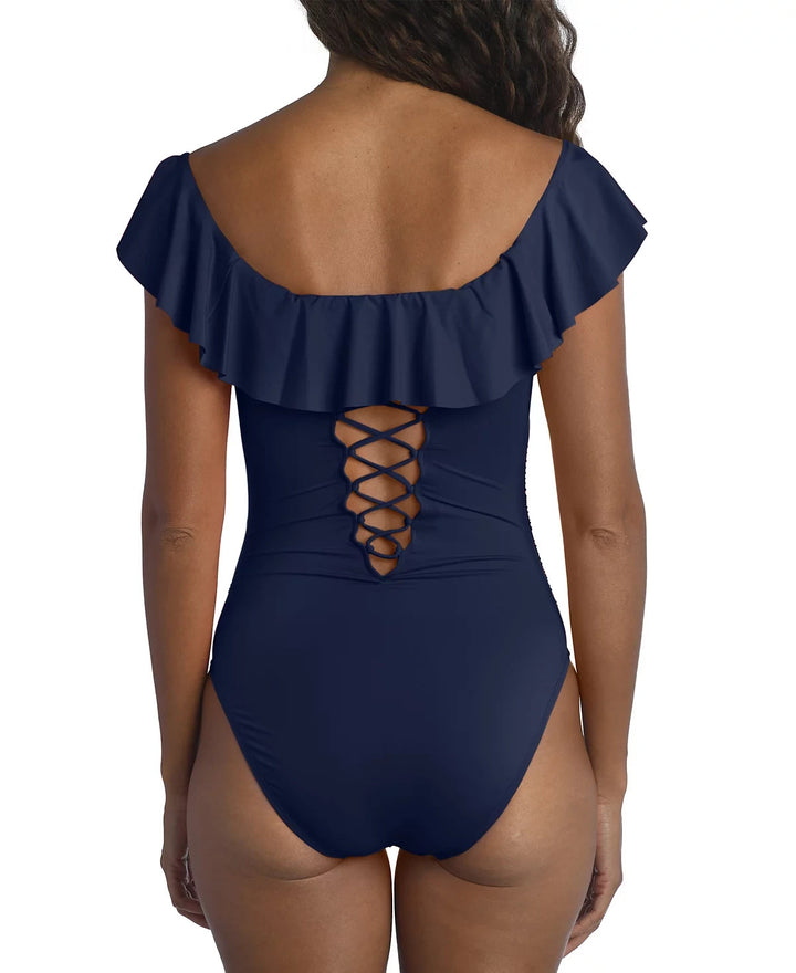 La Blanca Island Goddess Off-The-Shoulder Ruffled One-Piece Swimsuit MSRP $130