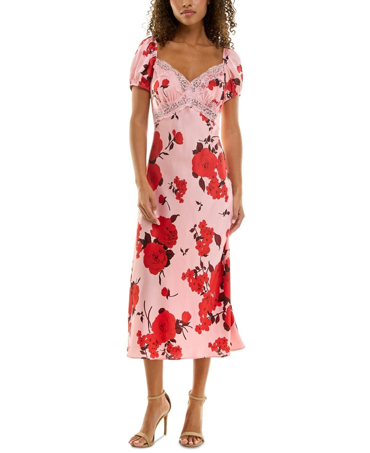 B Darlin Juniors' Lace-Trim Floral-Print Midi Dress MSRP $65