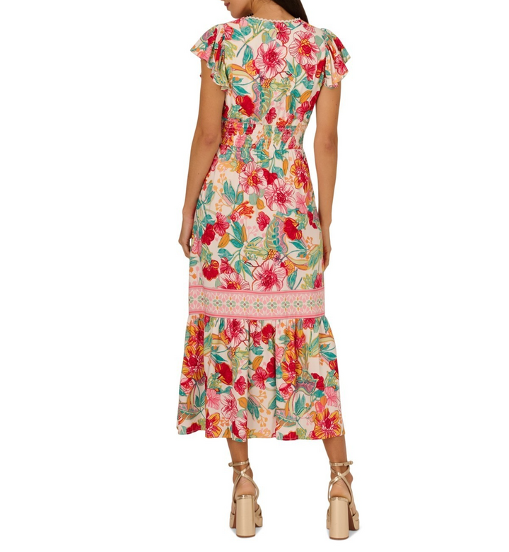 Adrianna Papell Women's Smocked-Waist Flutter-Sleeve Dress MSRP $149