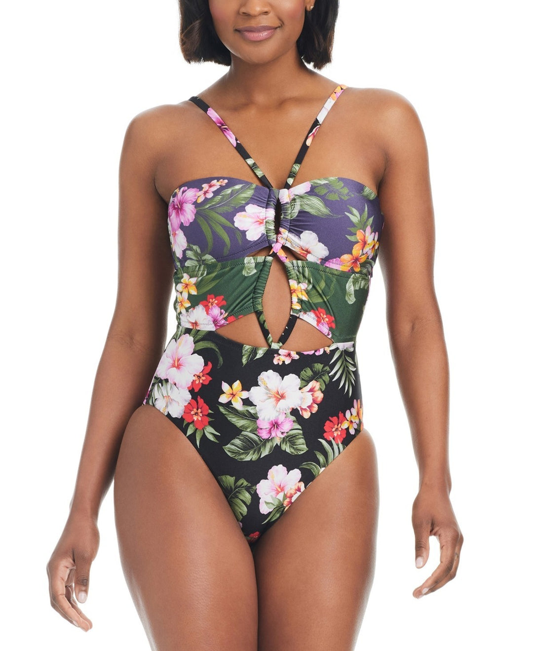 Bar III Floral-Banded Keyhole One-Piece Swimsuit MSRP $94