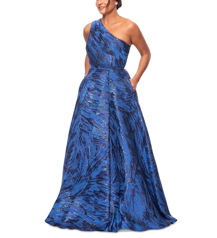 XSCAPE One-Shoulder Metallic Jacquard Gown MSRP $349