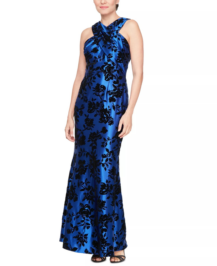 SL Fashions Petite Women's Flocked Velvet Halter Gown MSRP $139