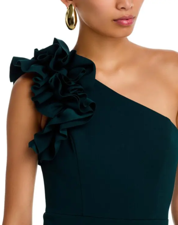 AQUA One Shoulder Ruffle Crepe Gown MSRP $308