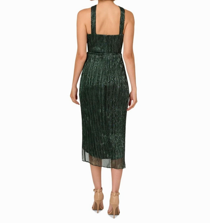 Adrianna Papell Women's Crinkle Metallic Halter Midi Dress MSRP $179