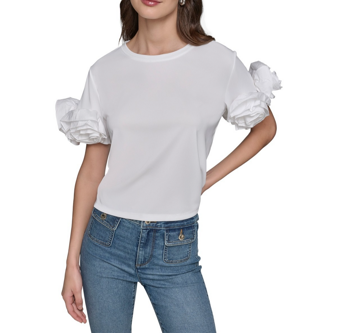 KARL LAGERFELD PARIS Women's 3D Floral-Sleeve Top MSRP $99