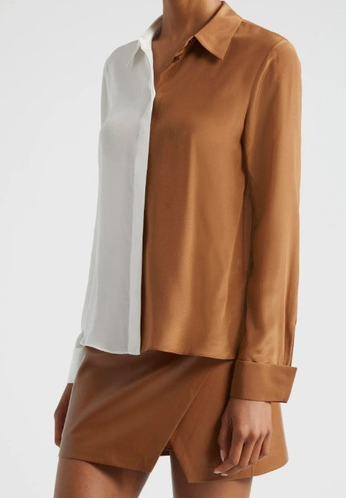 Alice + Olivia Willa Colorblock Silk Button-Up Shirt MSRP $330