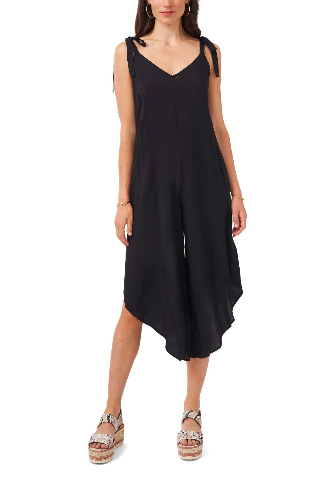 Vince Camuto V-Neck Sleeveless Tie-Shoulder Angled-Hem Jumpsuit MSRP $69