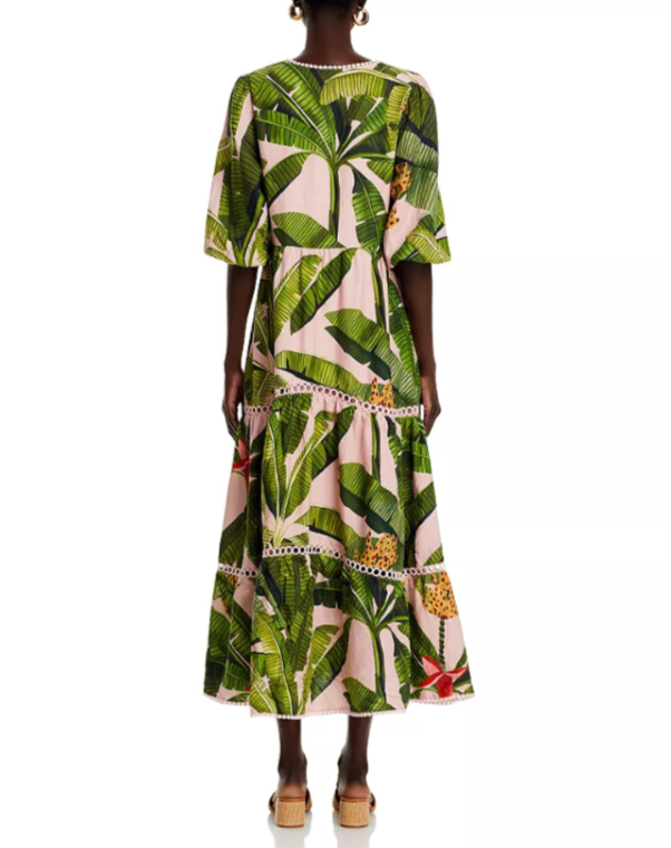 FARM Rio Banana Leaves Pink Tiered Dress MSRP $285
