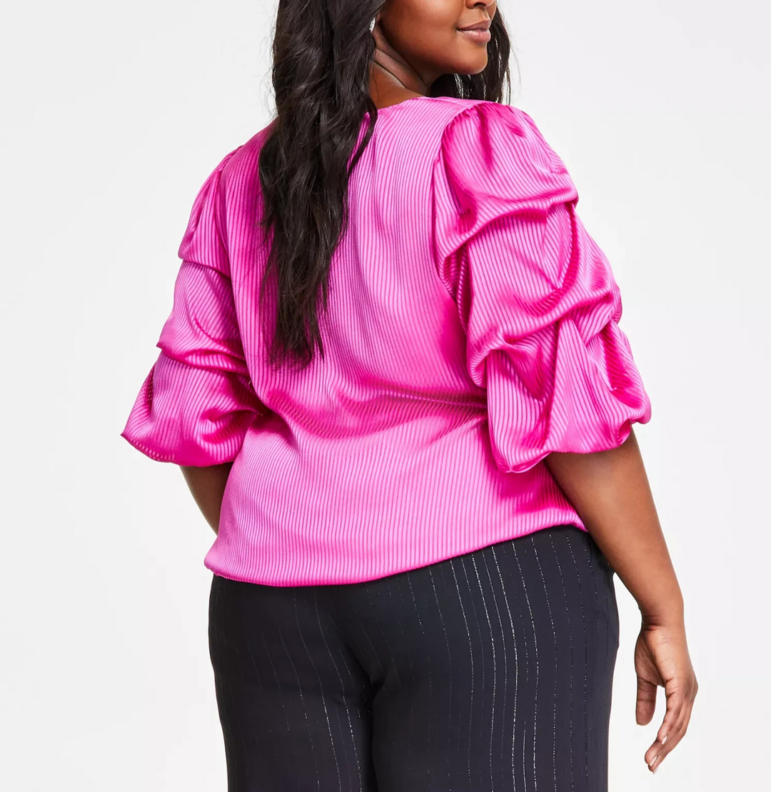 Vince Camuto Plus Size Shadow-Stripe Bubble-Sleeve Top MSRP $99