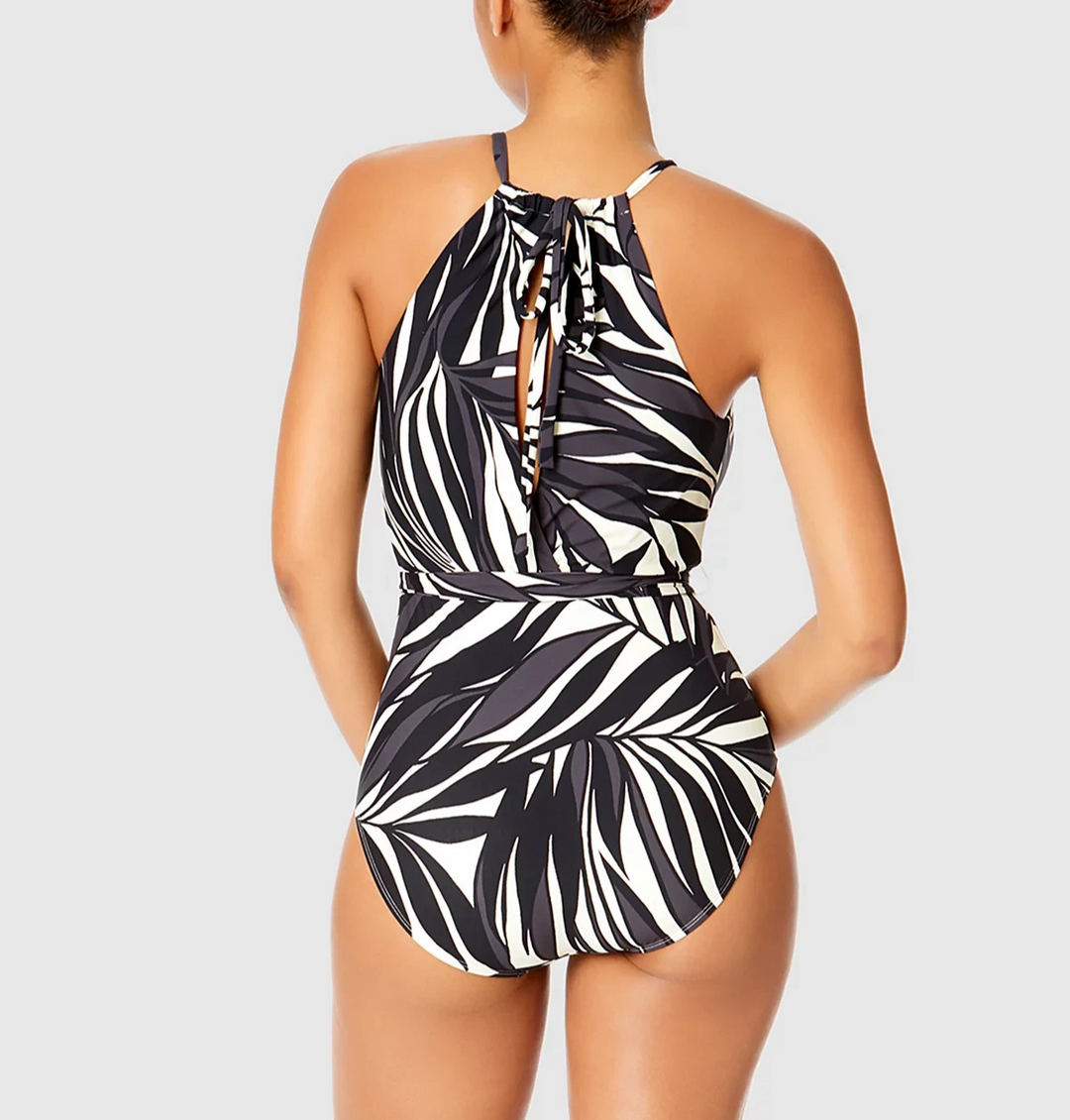 Anne Cole Printed High-Neck Belted One-Piece Swimsuit MSRP $108