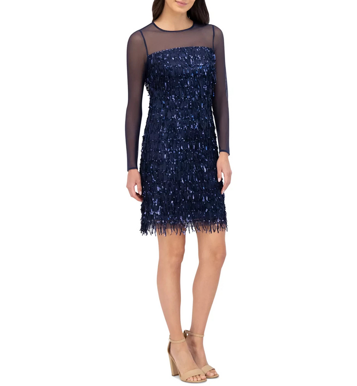 Eliza J Women's Sequined Fringe Illusion-Trim Dress MSRP $188