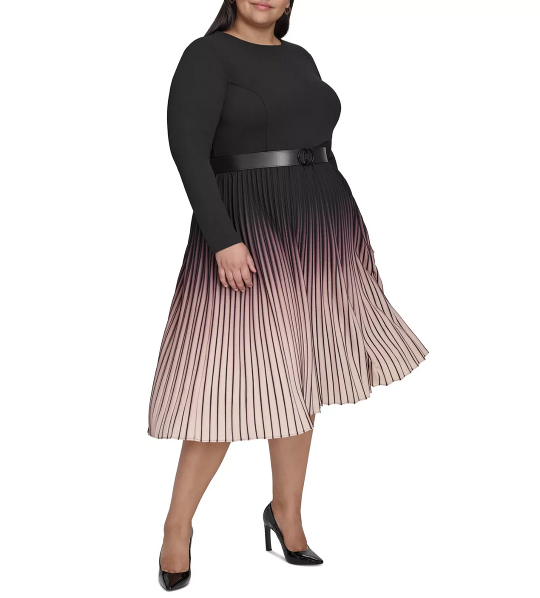 DKNY Plus Size Ombré Belted Pleated-Skirt Long-Sleeve Dress MSRP $169