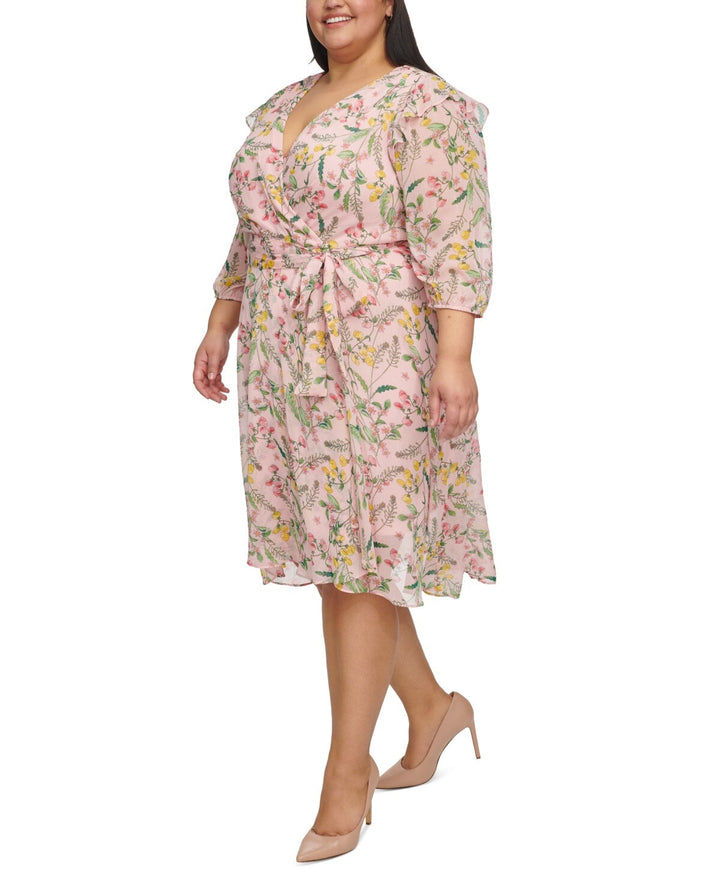 Tommy Hilfiger Plus Size Floral Chiffon 3/4-Sleeve Midi Dress MSRP $149