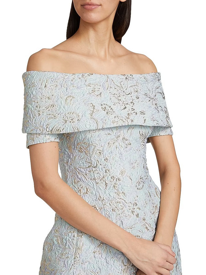 Teri Jon by Rickie Freeman Metallic Jacquard Off the Shoulder Dress MSRP $550